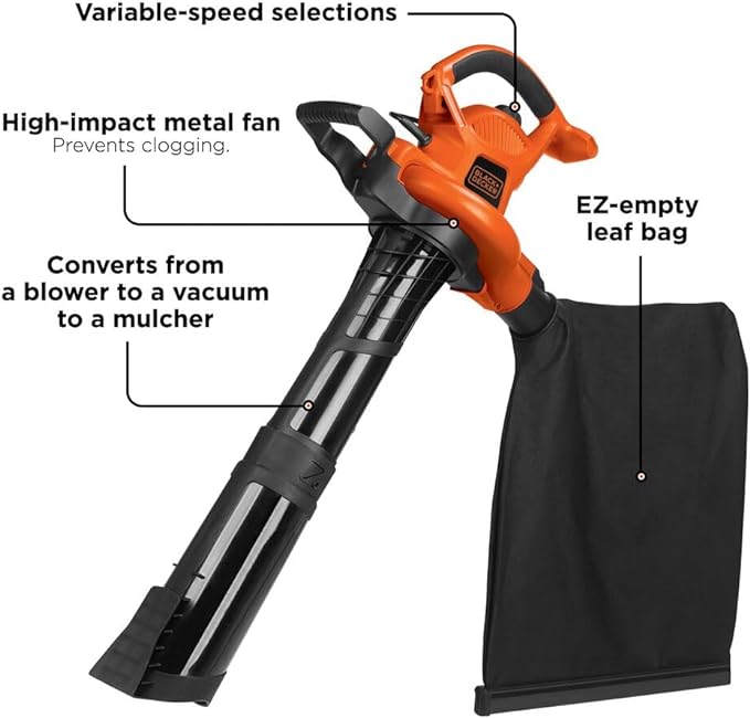 BLACK+DECKER 3-in-1 Electric Leaf Blower, Leaf Vacuum/Mulcher, Corded, 12-Amp (BV6600) - LeafyLoom