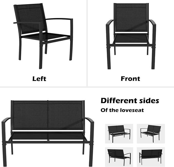 Greesum 4 Pieces Patio Furniture Set, Outdoor Conversation Sets for Patio, Lawn, Garden, Poolside with A Glass Coffee Table, Black - LeafyLoom