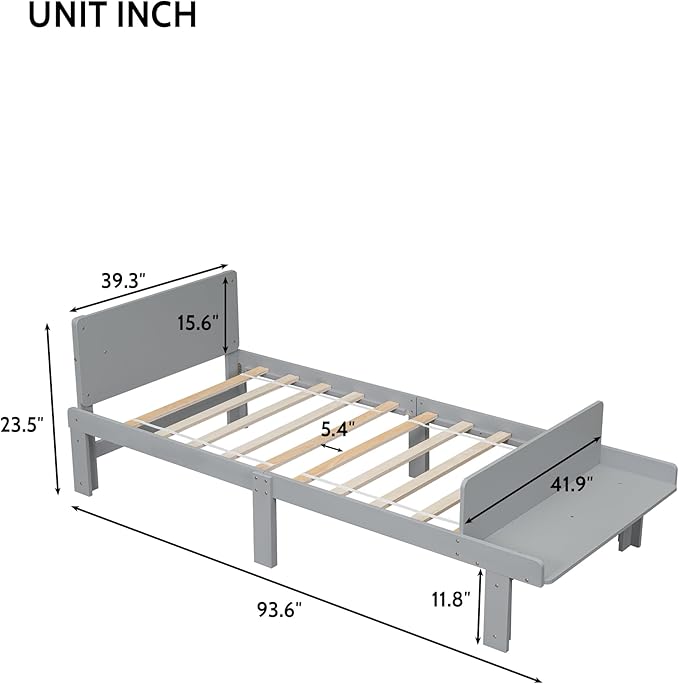 Twin Bed with Footboard Bench, Twin Kid Bed with Headboard, Wood Slat Support, Cute Kid Bed Frame with Book Storage Space, Twin Car Bed for Boys Girls Bedroom, No Box Spring Needed, Grey - LeafyLoom