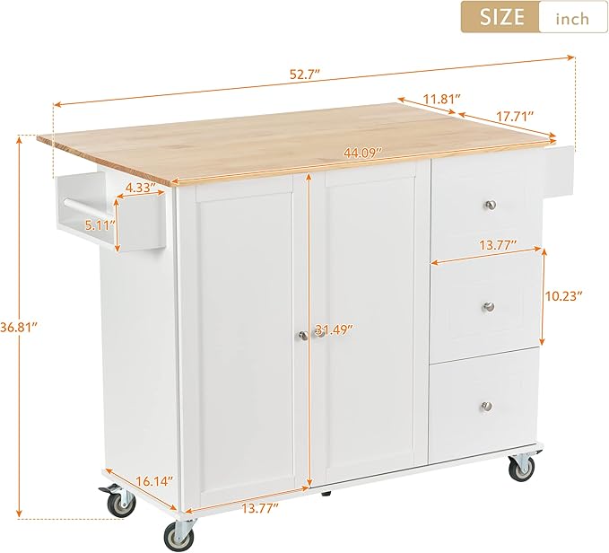 53" W Kitchen Cart on Wheels with Wood Top Desktop and Drop Leaf Breakfast Bar, Rolling Moveable Kitchen-Island Table with Storage, Towel Rack, for Dinning Room - LeafyLoom