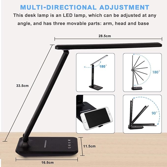 LED Desk Lamp, Dimmable Eye-Protecting Table Lamps with Night Light, USB Charging Port, 4 Color Temperature Modes, 5 Brightness Levels, 1H Timer, Touch Control for Home Office Bedroom (Black) - LeafyLoom