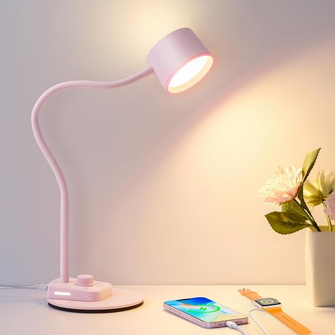 Cute Desk Lamp with USB C + A Charging Port, 5 Colors Dimmable Reading Lamps, Minimalist Pink Lamp for Kids, Eye Care Metal Bedside Table Lamp with Timer Flexible Gooseneck Desk Light for Home Office - LeafyLoom