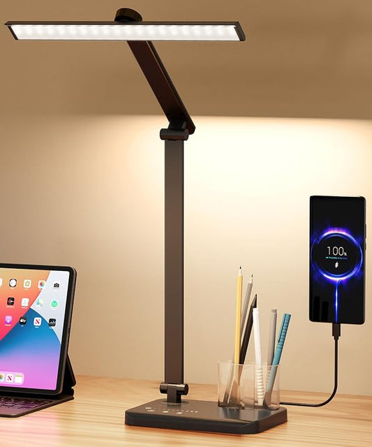 LED Desk Lamp with USB Charging Port, Eye-Caring Table Lamp, Touch Control Dimmable 5 Color Modes, 45 Min Auto-Off Timer, Foldable Study Desk Light for Home Office College Dorm & Reading - LeafyLoom