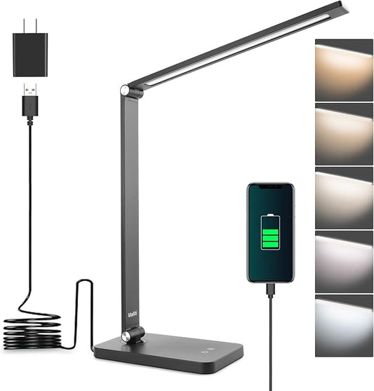 mafiti LED Desk Lamp for Home Office,Touch Desk Light 5 Light Modes 3 Brightness,Foldable Table Lamp with Adjustable Arm,Eye-Caring Lamp with USB Port, Bedside Lamp for working Reading Study,Black - LeafyLoom