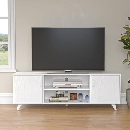 Panana TV Stand Television Stands TV Console Unit with Shelf and 2 Doors Storage Cabinets for Living Room Bedroom for TVs up to 70 Inches (White,62.99 inches) - LeafyLoom