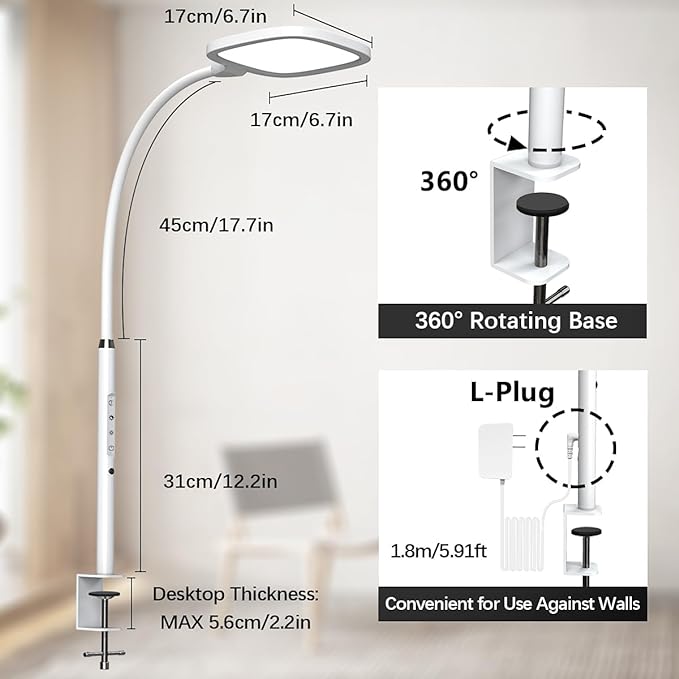 LED Desk Lamps for Home Office, Clamp Desk Light for Video Conference, Dimmable, Rotatable, Top Bright, Large Lighting Area, Remote & Touch, Clip Table Lamp for Computer Monitor, Study, Work - LeafyLoom