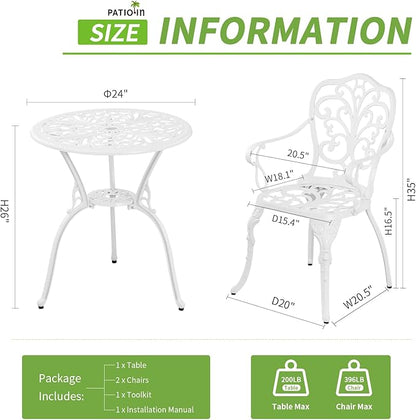 Bistro Table and Chairs Set of 2, Patio Furniture Bistro Set, Cast Aluminum Bistro Set 3 Piece Outdoor with Umbrella Hole for Balcony - LeafyLoom