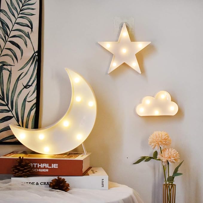 GUOCHENG Lovely White Moon Star Cloud Light Set Battery Operated LED Marquee Light Sign Warm White Bedside Lamps for Kids Children Bedroom Nursery, Baby Standing Night Light - LeafyLoom