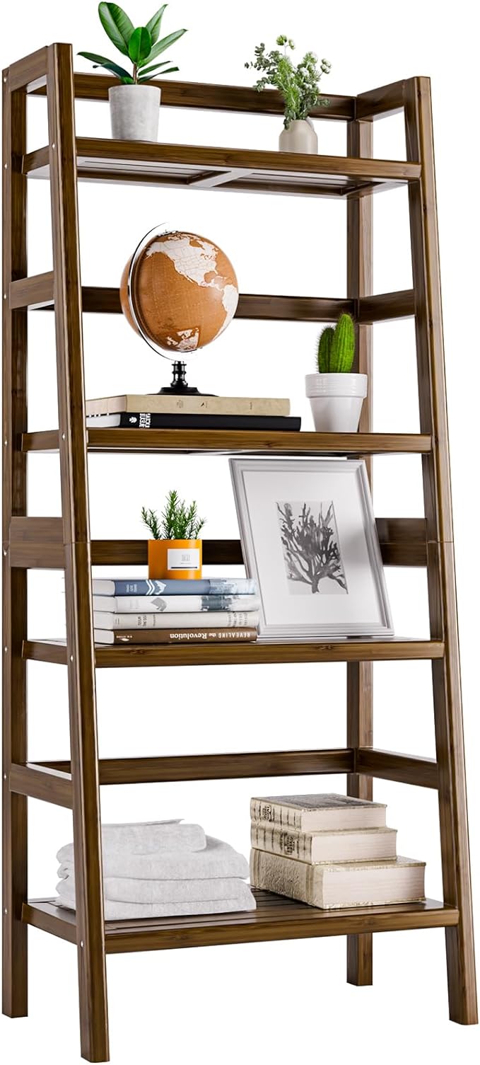 Ladder Bookcase, 4-Tier Leaning Bookshelf, Freestanding Open Display Storage Rack Shelf, Small Flower Plant Stand, Space Saving Bamboo Book Shelf, Walnut - LeafyLoom