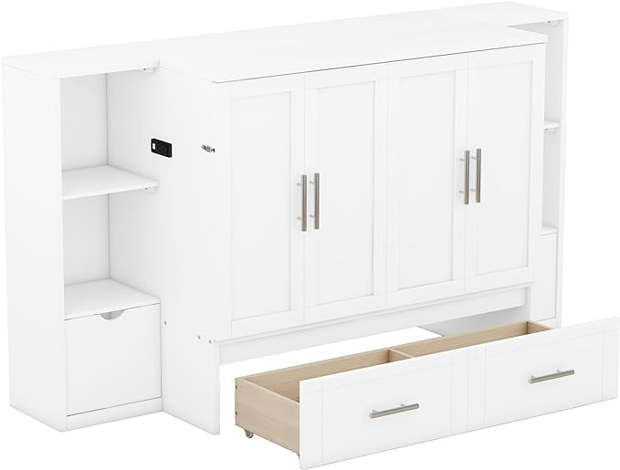 Queen Size Murphy Bed Foldable into Cabinet, Wooden Platform Bedframe with Shelves, Drawers and USB Ports, for Bedroom/Living Room, White - LeafyLoom