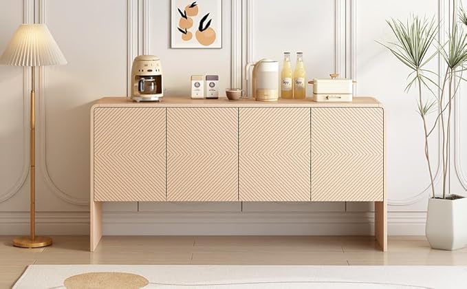 60" L Large Storage Space Sideboard with 4 Doors,Elegant Minimalist Style Buffet Cabinet,W/Adjustable Shelves and Rebound Device,Console Table for Living Room Entryway Kitchen,Apricot Cream - LeafyLoom