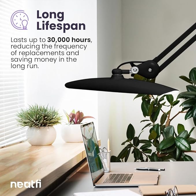 Neatfi XL 2,200 Lumens LED Task Lamp, 24W Super Bright Desk Lamp, 117 Pcs SMD LED, 4 Level Brightness, Dimmable, Task LED Light for Home, Office, Workbench (Non-CCT, Black) - LeafyLoom