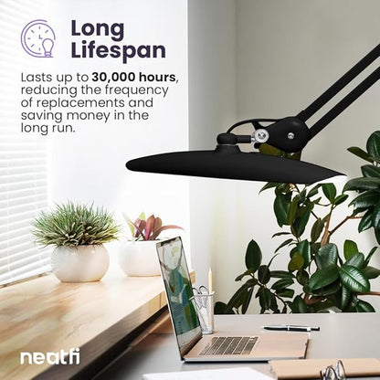 Neatfi XL 2,200 Lumens LED Task Lamp, 24W Super Bright Desk Lamp, 117 Pcs SMD LED, 4 Level Brightness, Dimmable, Task LED Light for Home, Office, Workbench (Non-CCT with Base, Black) - LeafyLoom