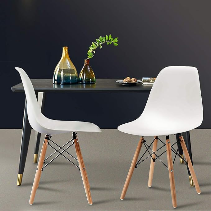 CangLong Modern Mid-Century Dining Chair Shell Lounge Plastic Chair with Natural Wooden Legs for Kitchen, Dining, Bedroom, Living Room Side Chairs Set of 2, White - LeafyLoom