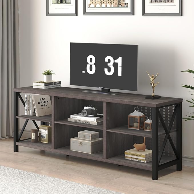 LVB Gray TV Stand for 75 Inch TV, Long Rustic Wood Entertainment Center, Large Farmhouse Media tv console with Storage, Metal Industrial television stands Cabinet for Bedroom, Dark Gray Oak, 63 Inch - LeafyLoom