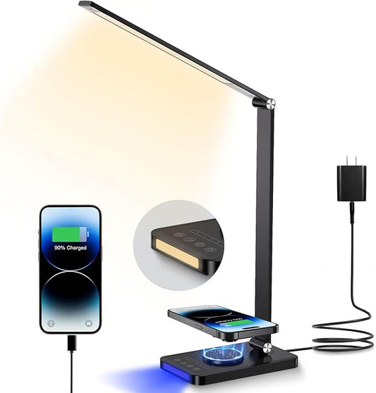 Desk Lamp with Wireless Charger, LED Table Lamps for Home Office, USB Charging Port, Blue and Warm Bedside Night Light, Touch Dimmable, Eye-Caring, Timer, with Adapter, Black - LeafyLoom