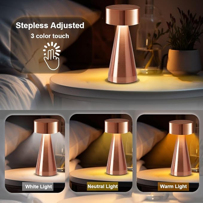 Portable Metal Desk Lamp, Cordless LED Table Lamp,3 Color Touch Control Rechargeable Lamp,3-Levels Brightness Room Decor Desk Lamp,Bedside Lamp,Night Light, Dining Room Lamp (Rose Gold) - LeafyLoom