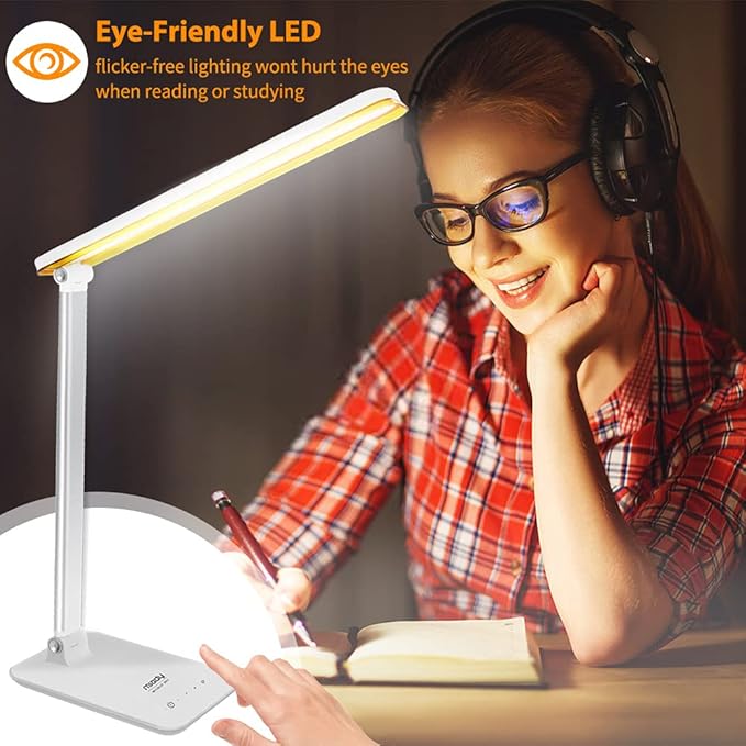 Miady LED Desk Lamp Eye-Caring Table Lamp, 3 Color Modes with 4 Levels of Brightness, Dimmable Office Lamp with Adapter, Touch Control Sensitive(White Aluminum) - LeafyLoom