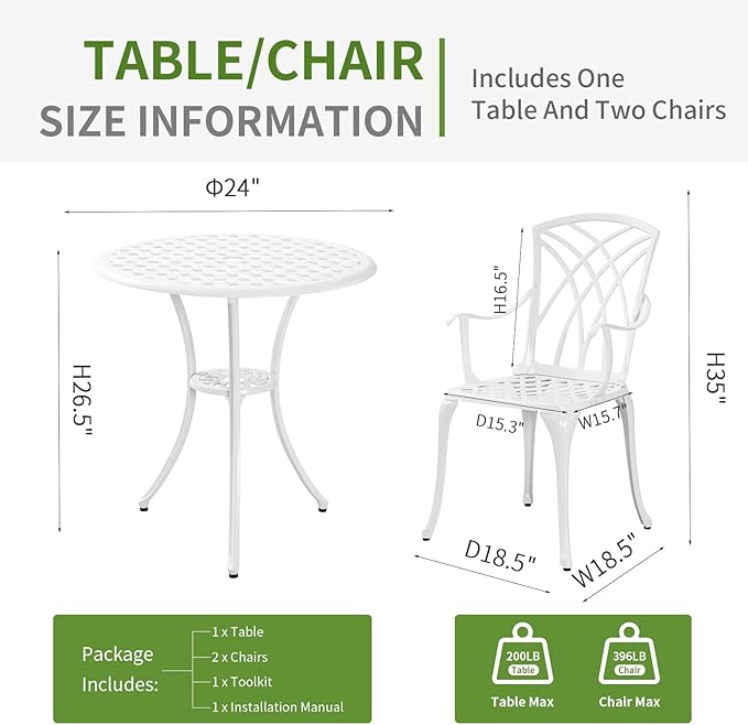 White Bistro Table and Chairs Set of 2, Cast Aluminum White Bistro Set Outdoor, Patio Bistro Sets with Umbrella Hole, Round Back Yard Set for Porch Balcony Garden - LeafyLoom