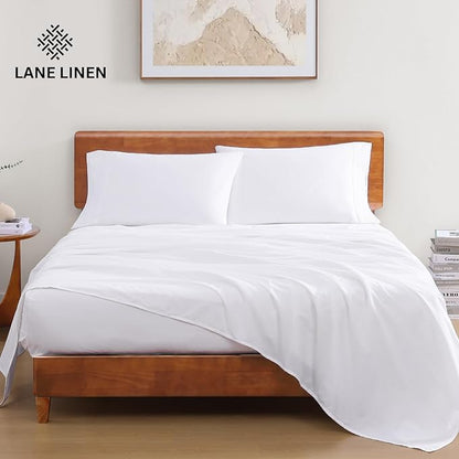 LANE LINEN 100% Organic Cotton Full Size Bed Sheets, Super Soft Long Staple Cotton Bed Sheets Full Size, Percale Weave Bedding Sheets and Pillowcases - White Full Sheet Set Fits 15" Deep Mattress - LeafyLoom