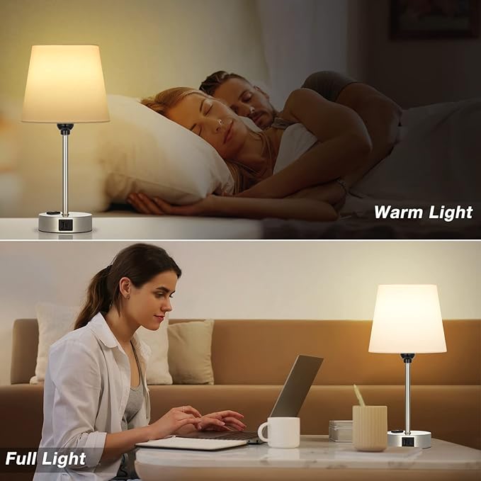 Table Lamps for Bedrooms Set of 2 Bedside - Nightstand with USB C Port and AC Outlet Charging, Dimmable Touch Small White End Side Lamp Light for Kid/Guest Room/Living Room - LeafyLoom