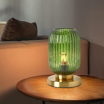 Glass Table Lamps Mid Century Modern Globe Table lamp Gold Desk lamp nightstand lamp with Green Pumpkin Design Ribbed Glass Bedside Table Lamp for Bedroom Living Room Office - LeafyLoom