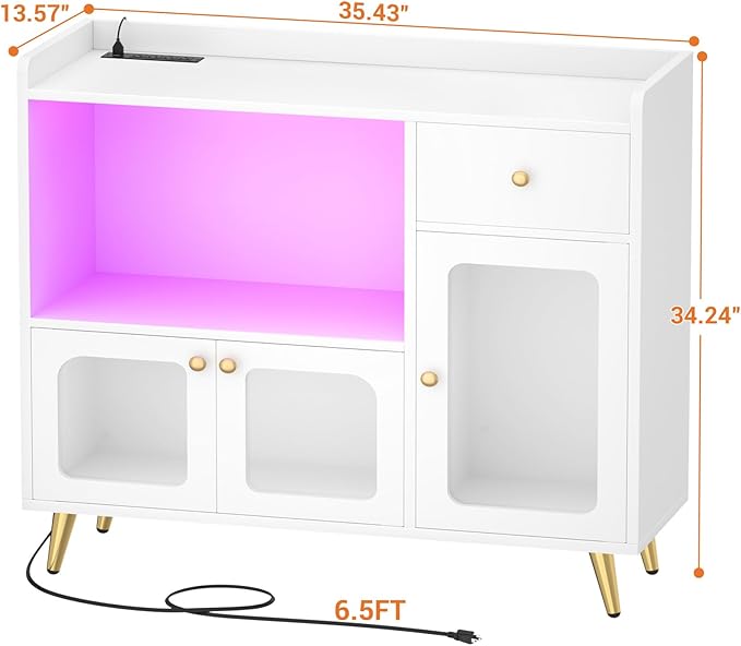 Cyclysio Sideboard Buffet Cabinet with Power Outlet, Kitchen Cabinet with LED Lights, Large Bar Cart Accent Buffet Cabinet with Door for Bedroom, Living Room, Kitchen, Hallway, White - LeafyLoom