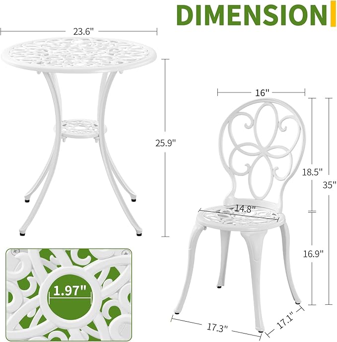 Patio Bistro Sets, Cast Aluminum Bistro Table and Chairs Set of 2 with Umbrella Hole, Bistro Set 3 Piece Outdoor, Metal Patio Furniture Set for Garden Porch, White - LeafyLoom