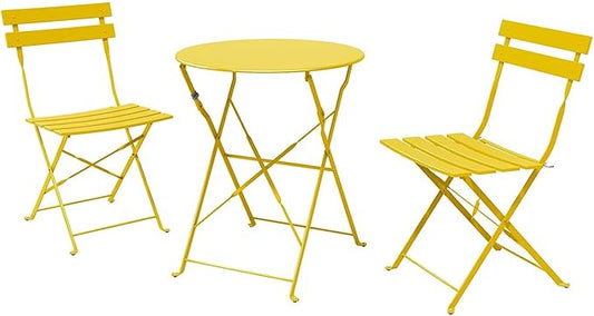 Indoor/Outdoor 3-Piece Foldable Bistro Set, Folding Outdoor Patio Furniture Sets, 2 Chairs and 1 Table, Weather-Resistant Outdoor/Indoor Conversation Set for Patio (Yellow) - LeafyLoom