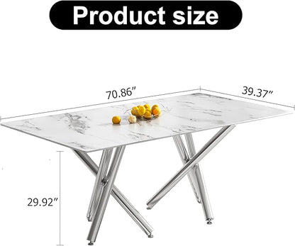 NicBex Large Modern Simple Rectangular Glass Dining Table for 6-8 People with 0.39-Inch White Imitation Marble Desktop and Silver Metal Legs for Banquet Hall, White Marble + Silver - LeafyLoom