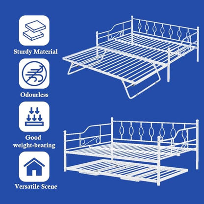 Full Daybed with Trundle, Metal Day Bed with Pull Out Trundle, Sofa Bed with Twin Size Portable Folding Trundle, Bed Frame for Bedroom, Living Room, Guest Room, Home, No Box Spring Needed, White - LeafyLoom