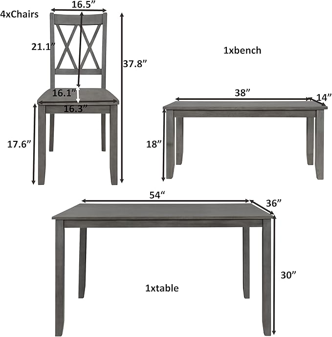 6 Piece Wooden Kitchen Table, Cross Back 4 Chairs,Farmhouse Rustic Waterproof Desk Set,W/Bench,for Family Dinings or Friends Gatherings,Antique Graywash - LeafyLoom