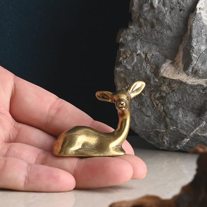 Pure Copper Sikadeer Small Ornament, Mini Brass Lying Deer Tea Pet, Crafts Ornaments, Micro Landscape Decor, Cute Decor, Scene Decor, Desktop Decor(Sikadeer) - LeafyLoom