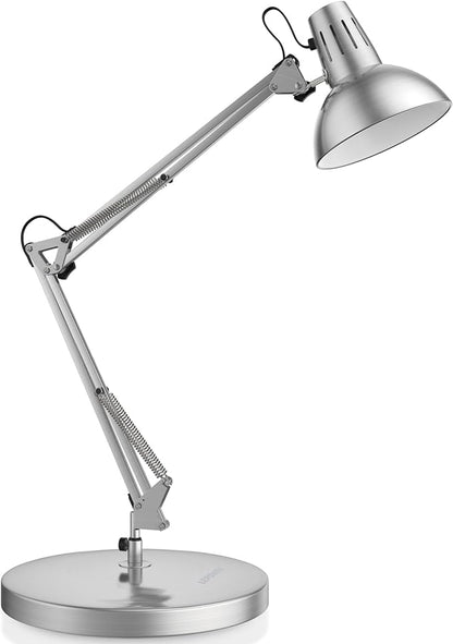 LEPOWER Metal Desk Lamp, Adjustable Goose Neck Architect Table Lamp with On/Off Switch, Swing Arm Desk Lamp with Clamp, Eye-Caring Reading Lamp for Bedroom, Study Room &Office (Silver) - LeafyLoom