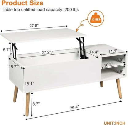 Coffee Table Lift Top - White Coffee Table with Lifting Top and Hide Compartment Storage - Lift Coffee Table Rectangle - Wood Coffee Tables for Living Room - LeafyLoom