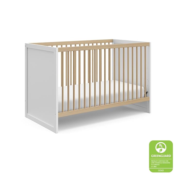 Storkcraft Calabasas 3-in-1 Convertible Crib (White with Driftwood) – GREENGUARD Gold Certified, Fits Standard Crib Mattress, Converts to Toddler Bed, Modern Style, Easy 30-Minute Assembly - LeafyLoom