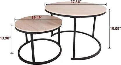 Industrial Round Coffee Table Set of 2 End Table for Living Room,Stacking Side Tables, Sturdy and Easy Assembly,Wood Look Accent Furniture with Metal Frame,Black+Teak Oak - LeafyLoom