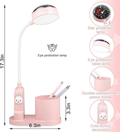 Pink Kids Desk Lamp with Pen holder, Rabbit cute LED Desk/Table Lamp with Dimmable Natrue Light, USB rechargeable and Funny projector, Small Bedside lamp, LED lamp for girls Bedrooms - LeafyLoom