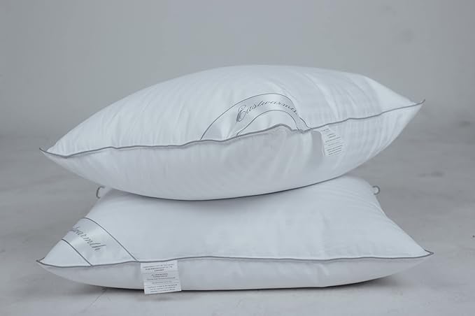 Goose Feather Down Pillow, 100% Cotton Cover Bed Pillow Stripe White Standard (Pack of 2) - LeafyLoom