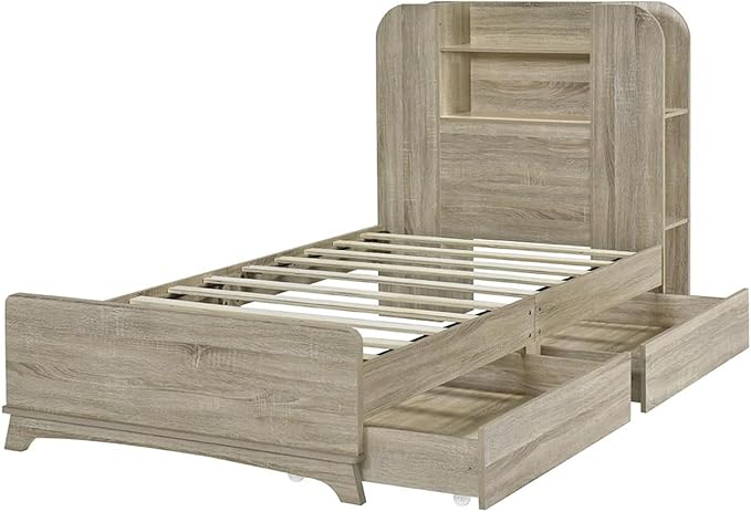 Merax Twin Size Bed Frame with Headboard and 2 Drawers,Kids Wood Platform Bed with Storage Underneath and Functional Headboard - LeafyLoom