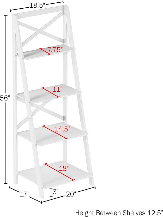 Lavish Home 4-Tier Ladder Bookshelf - Freestanding Shelved Bookcase with X-Back Frame and Leaning Look - Display Shelves for Home or Office (White) - LeafyLoom