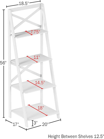 Lavish Home 4-Tier Ladder Bookshelf - Freestanding Shelved Bookcase with X-Back Frame and Leaning Look - Display Shelves for Home or Office (White) - LeafyLoom