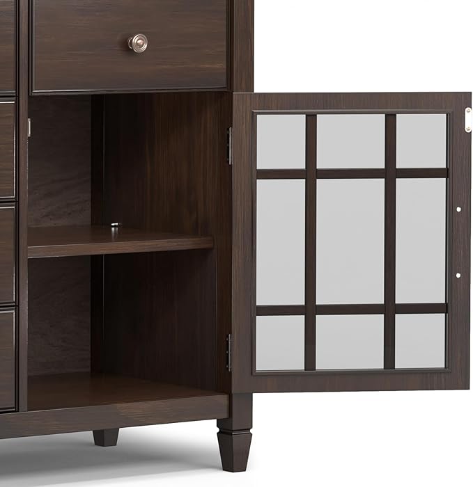 SIMPLIHOME Connaught Low Storage Cabinet, 60 inch, Chestnut Brown - LeafyLoom