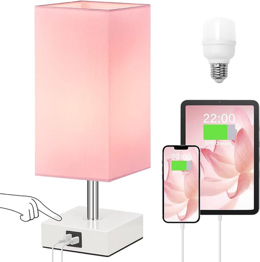 Ambimall Touch Control Table Lamp with 2 USB Charging Ports, 3 Way Touch Lamps Beside Desk, Nightstand Lamp for Bedrooms Living Room, Pink Shade with White Base, LED Bulb Included(Pink) - LeafyLoom