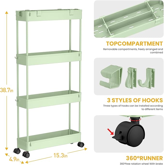 SPACELEAD Slim Storage Cart 4 Tier, Storage Organizer Rolling Utility/Mobile Shelving Unit Slide Out Storage Cart for Office, Bathroom, Kitchen, Laundry Room & Narrow Places， Green - LeafyLoom