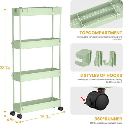 SPACELEAD Slim Storage Cart 4 Tier, Storage Organizer Rolling Utility/Mobile Shelving Unit Slide Out Storage Cart for Office, Bathroom, Kitchen, Laundry Room & Narrow Places， Green - LeafyLoom