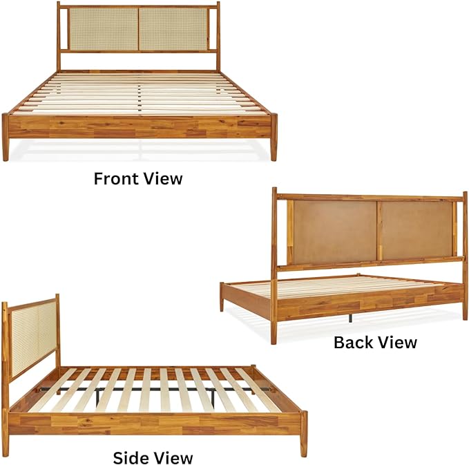 Bme Oliver King Bed Frame and Headboard - 15-Inch Signature Design with Rattan Headboard, Bohemian and Mid Century Style, 12-Slat Wood Support, No Box Spring Needed - Easy Assembly, Caramel - LeafyLoom