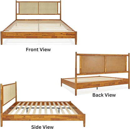 Bme Oliver King Bed Frame and Headboard - 15-Inch Signature Design with Rattan Headboard, Bohemian and Mid Century Style, 12-Slat Wood Support, No Box Spring Needed - Easy Assembly, Caramel - LeafyLoom