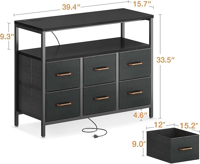 AODK TV Stand with Power Outlet, 40" Long TV Stand with 6 Large Fabric Drawers, Entertainment Center with Open Shelves for 55 Inch TV, Living Room, Black and Dark Grey - LeafyLoom