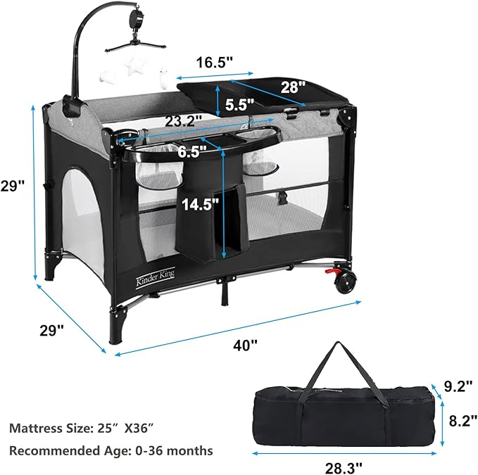 Kinder King 4 in 1 Portable Nursery Center, Foldable Baby Bedside Crib w/Bassinet, Infant Pack n Play Playard Toddler Large Playpen, Newborn Changing Table, Storage Basket, Side Zipper - LeafyLoom